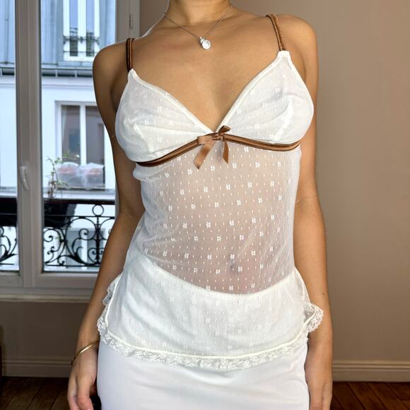 Vintage Y2K Boho Sheer Lace Cami Tank with Brown Trim (S) cottage western - Picture 1 of 6